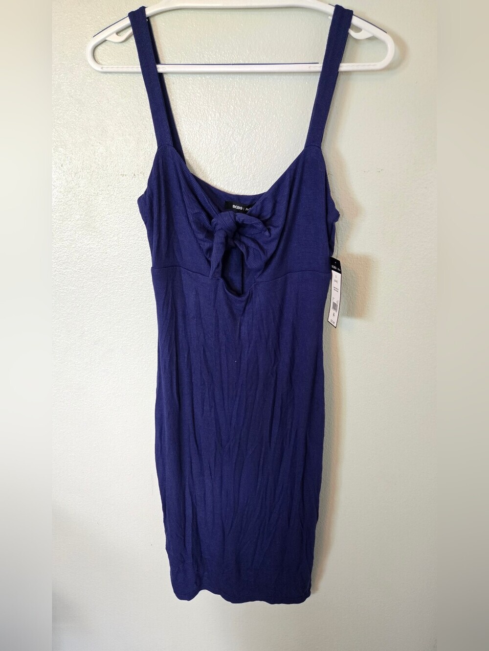 BCBG Paris | NWT Blue Ribbed Tie Front Bodycon Midi Dress Size Small